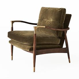 Olive Green Velvet Stained Birch Wood Frame with Brass Detail Armchair