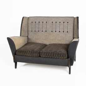 50'S Black / Grey Vinyl Black Fabric 2 Seat Settee 