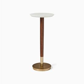 White Marble / Brass & Wood Stem Circ Drinks Table