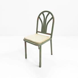 Distressed Green Metal Curved Back Cream Vinyl Cafe Chair