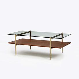 Walnut Shelf/Glass Top 2 Tier Antique Brass Frame Rect. Coffee Table