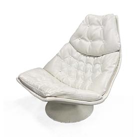 White Vinyl/Buttoned 1960's Danish Swivel Chair on Disc Base