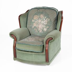 70'S Green Draylon Floral Pattern/Wood Trim Armchair 