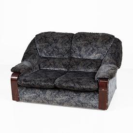 80'S Grey / Blue / Black Pattern Wood Trim 'Wtd' 2 Seat Settee